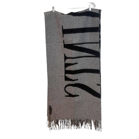 New All Saints Reversible Max Wool Logo Wool Scarf Black Gray Women's OS NWT - Picture 6 of 12